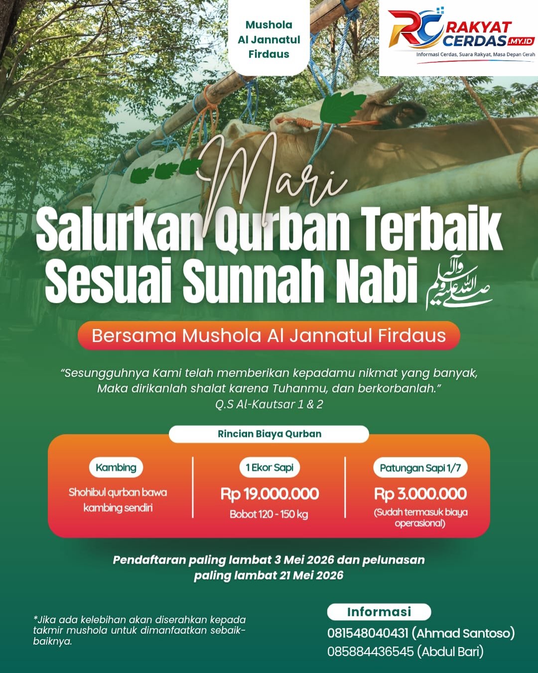 Semarak Idul Adha 2026, Mushola Al Jannatul Firdaus Ajak Warga Salurkan Qurban Terbaik Sesuai Sunnah Nabi