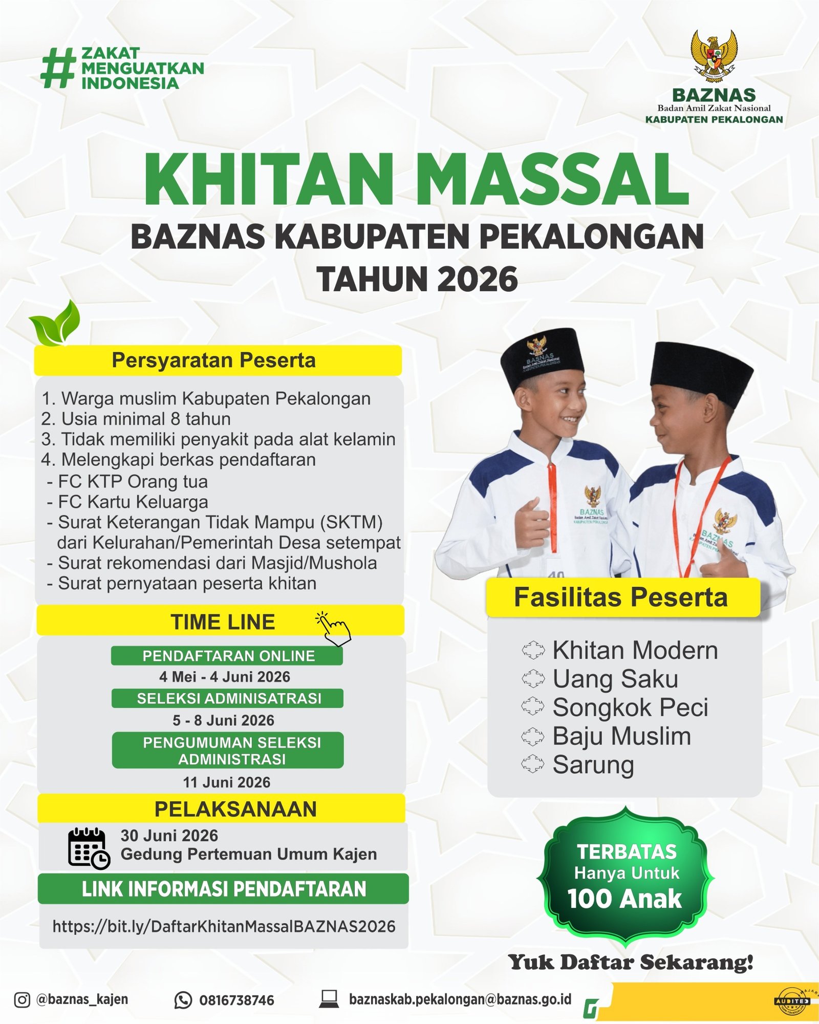 BAZNAS Kabupaten Pekalongan Buka Pendaftaran Khitan Massal 2026, Gratis untuk 100 Anak