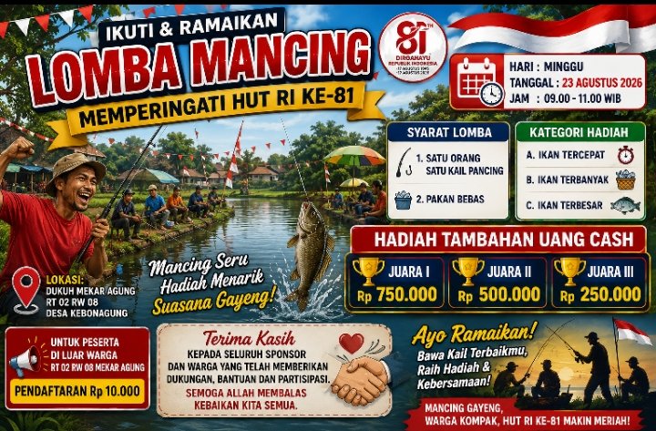 Hadiah Cash Rp1,5 Juta Ditambahkan, Lomba Mancing HUT RI ke-81 Dukuh Mekar Agung Makin Gayeng